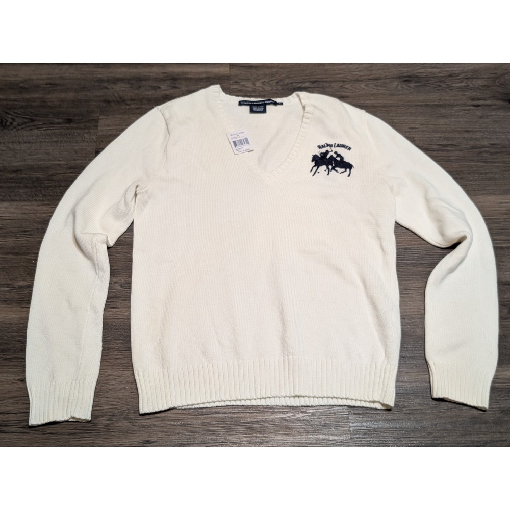 VTG Ralph Lauren Sport Womens XL V-Neck Sweater‎ White Embroidered Big Logo NWT